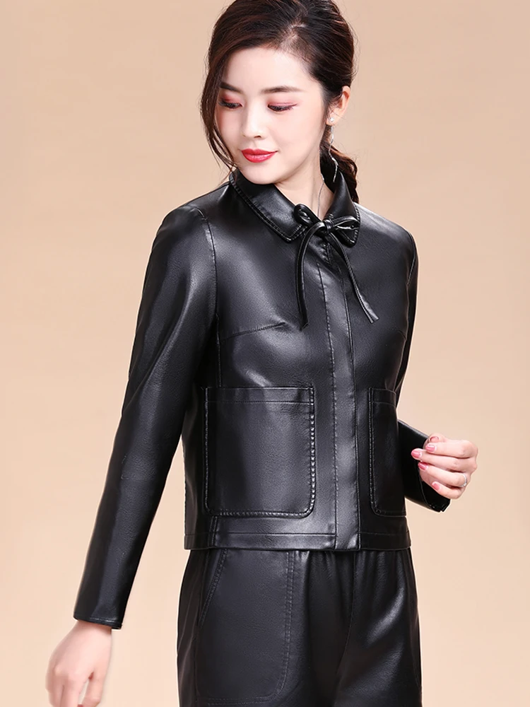 Spring And Autumn New Women Genuine Leather Jacket Short Korean Slim Fashion Lapel Sheep Leather Outerwear Girl Small Coat Trend