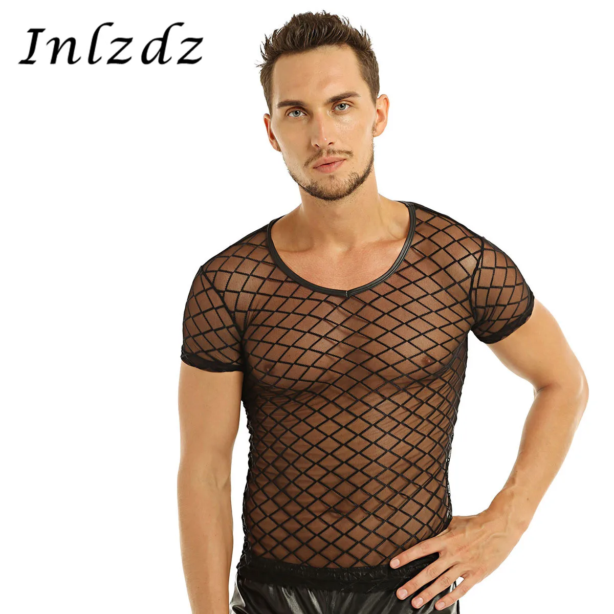 

Mens Lingerie Grid Tank Shirt See-through Short Sleeve Fishnet Mesh T-shirt Top Clubwear Undershirt