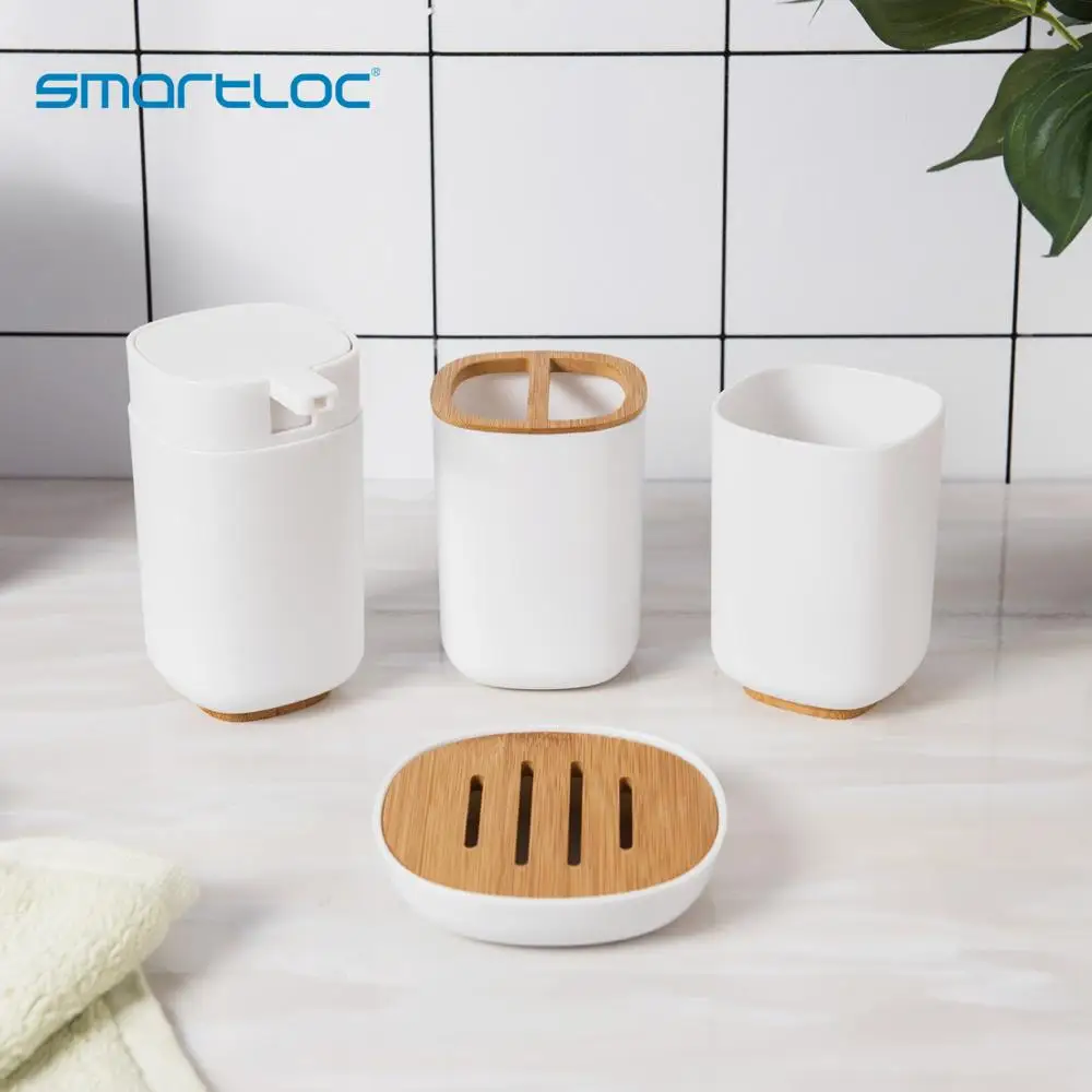 Smartloc Set of 6 Plastic Bamboo Square Circle Bathroom Accessories Set Toothbrush Holder Bathroom Set Toilet Accessories Brush