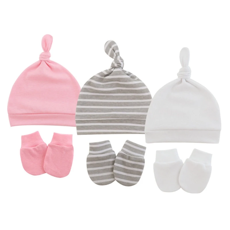 KLV 1 set Baby Anti-scratching Gloves Knotted Hat Set Soft Cotton Newborn Face Protection Mittens Warm Beanie Cap Baby Bonnet