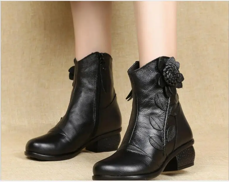 Women Ankle Boots Flower Woman Genuine Leather Ladies Fashion Zip Autumn Winter Comfort Female Shoes red black Women\'s Boots