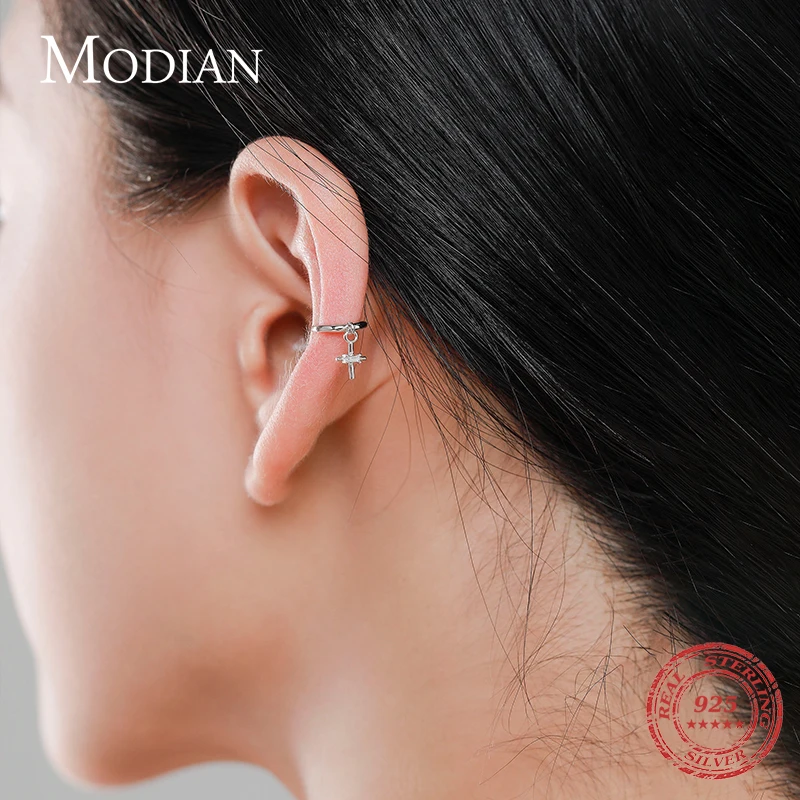 MODIAN Real 925 Sterling Silver Elegant Simple Cross Clip Earrings Fashion Swing Party Ear Cuff For Women Statement Fine Jewelry