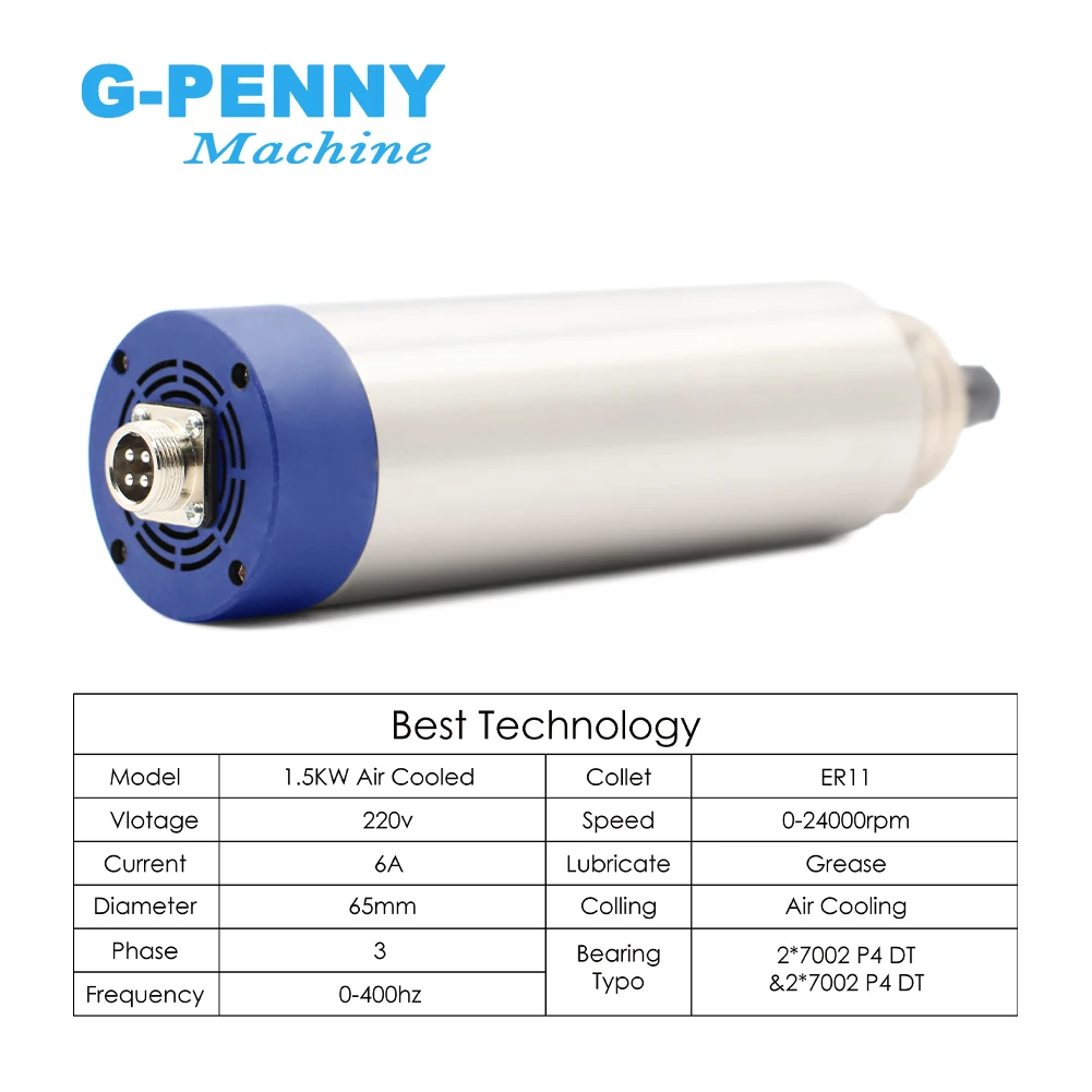 G-PENNY Machine 1.5kw ER11 air cooled spindle 4 pcs bearings 24000rpm wood working spindle motor 65x204mm air cooling 400Hz