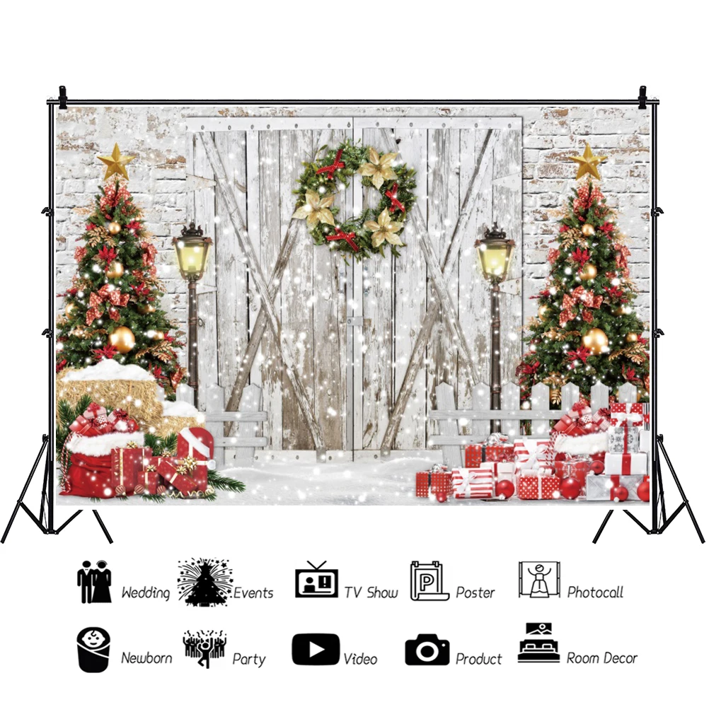 Laeacco Winter Christmas Photography Background Snowflake Tree Gift Grunge Vintage Wooden Door Brick Wall Portrait Backdrop