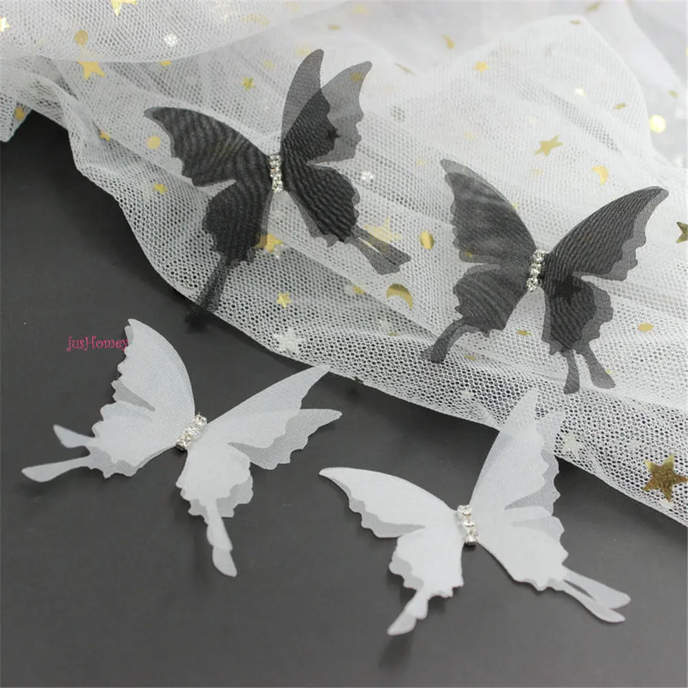 100PCS  White Organza Swallowtail butterfly Appliques Sheer Chiffon Butterflies Double-Layer w/ rhinestone for Party Decoration