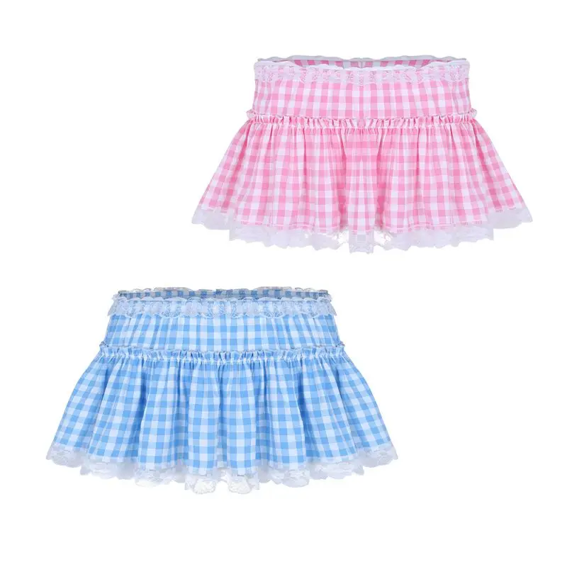 Men Women Sexy Skirts Panties 2023 Lace Hem Pleated Gingham A-line Mini Skirt Sissy Lingerie Accessories Cocktail Party Clubwear