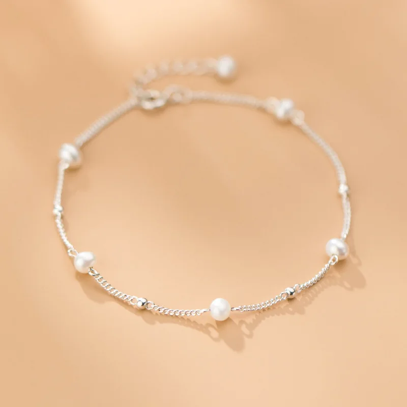 Elegant Women 925 Real Sterling Silver Irregular Freshwater Pearl Bead Bracelet 17CM+3CM Length High Quality Jewelry