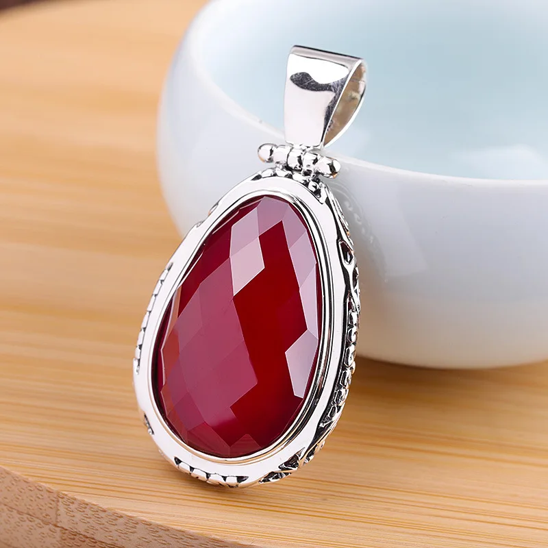 

S925 sterling silver jewelry women's hollow red corundum pendant