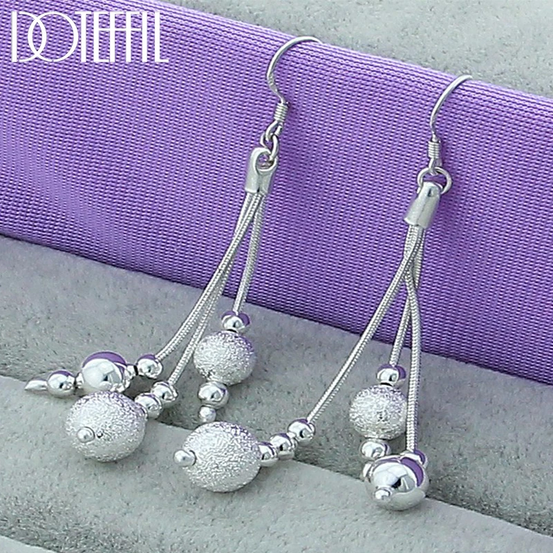 DOTEFFIL 925 Sterling Silver Smooth Matte Beads Drop Earrings For Woman Wedding Engagement Fashion Party Charm Jewelry