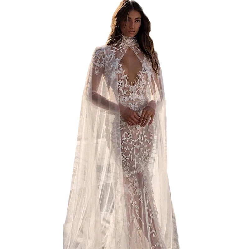 Bridal shawl lace applique cathedral length wedding shawl white/ivory wedding dress cloak