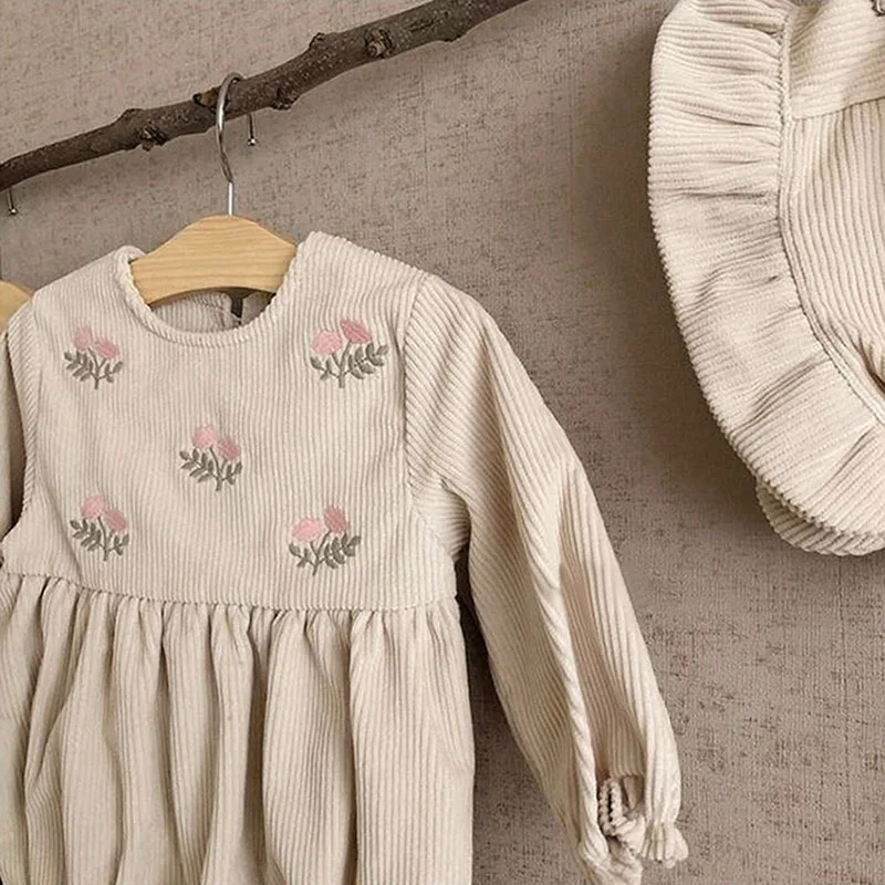 Infant Baby Girls Jumpsuit Vintage Embroidered Corduroy Korean Style Spring Autumn Baby Clothes Toddler Baby Girl Romper+Hat