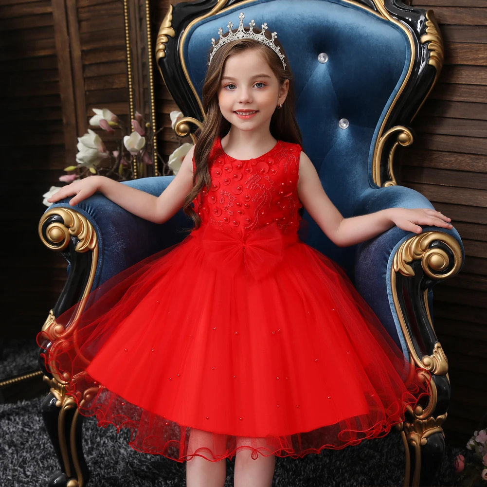 European Style Bead Night Dress for Kids Bow Knee Length Birthday Dress for Girls Multi-Layer Mesh for 10 Years Girl Dresses