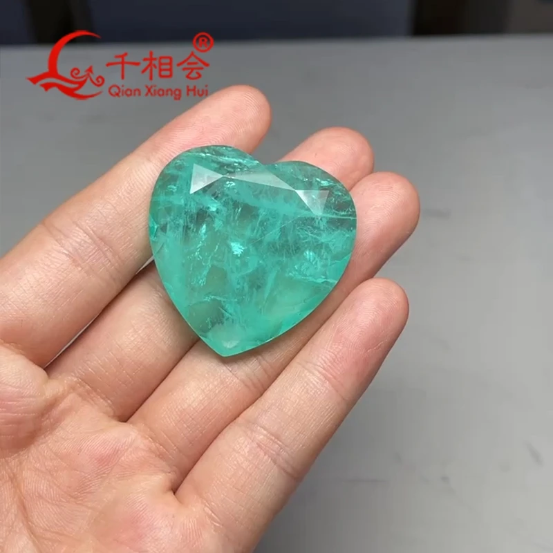 Heart Shape Natural White Crystal Stone with Green Inclusions 40x40mm Paraiba Inspired Loose Gemstone for Jewelry Making