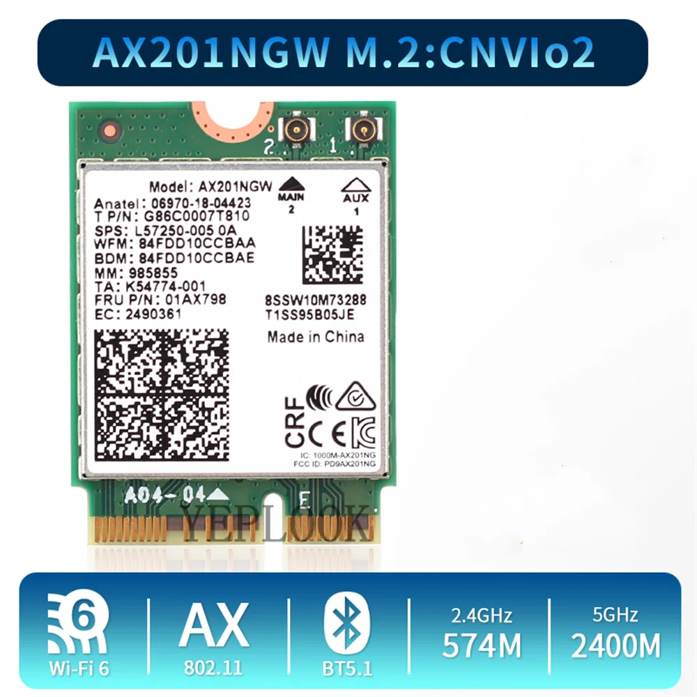 WiFi 6 Wifi Card AX201 AX201NGW 3000Mbps Dual Band 2.4Ghz/5Ghz 2.4Gbps 2400Mbps+574Mbps M.2 Key E CNVio 2 Wireless Card