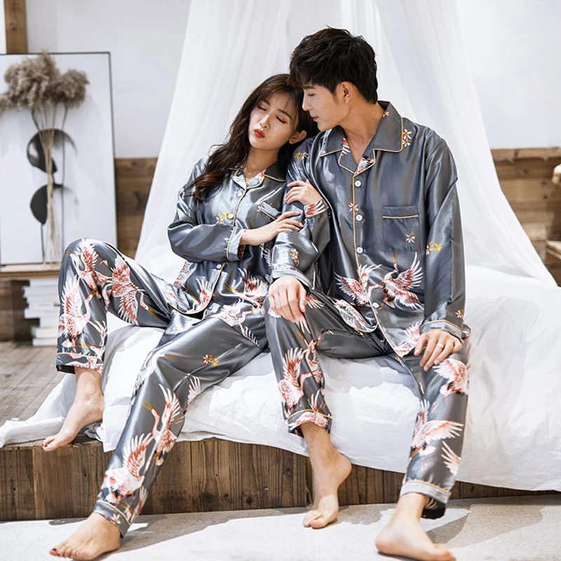 2PCS Lovers Pajamas Sets Women And Men Long Sleeve Long Pants Sleepwear Suit Silky Satin Home Wear Sexy Wedding Home Clothes