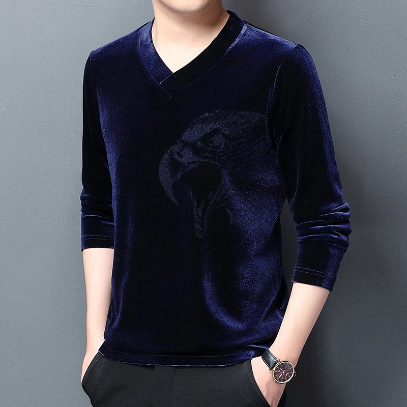 Royal Blue Velvet T Shirts Mens Plush Long Sleeve T-shirt Autumn V-neck Ins Bottoming Shirts Handsome Men Thermal Velvet Blouse