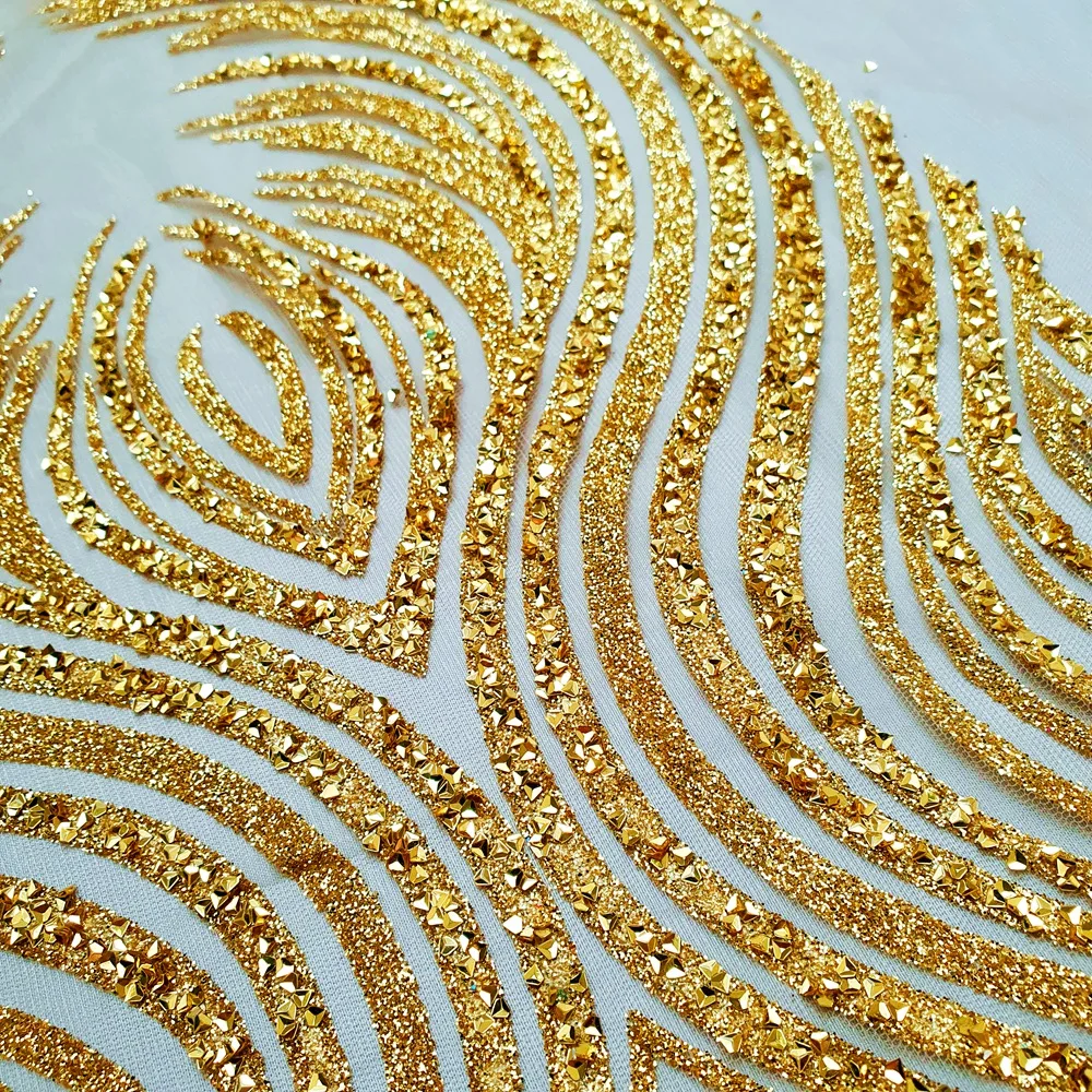 Long Glued Golden Glitter African Nigerian Particular Beaded Powder Lace Patches Applique For Design Clothes Costumes Prom Dress