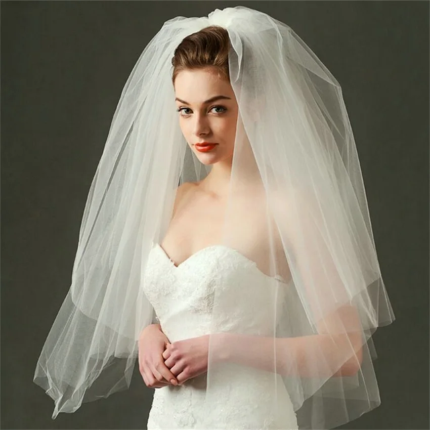 2T Short Tulle Wedding Veils Simple White Two Layers Bridal Veil Cheap Bride Accessories 75cm For Women Veils With Comb