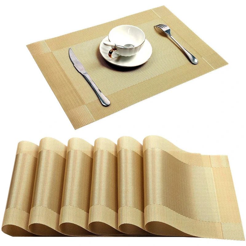 

4/6 pieces of golden placemats washable PVC dining table mat set woven mat diagonal rack plate bowl coaster non-slip mat2022