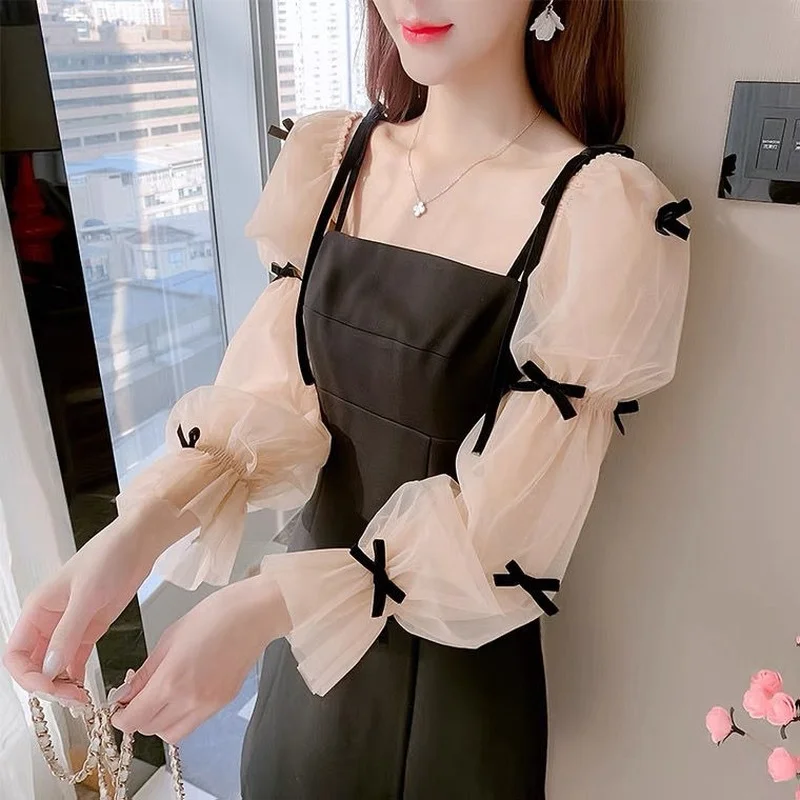 Long Sleeve Dress Women Casual Fashion Bow All-match Patchwork Mini French Style Ladies Square Collar Ins New Temperament Soft