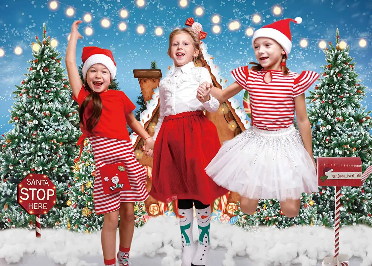 Fondo de Casa de pan de jengibre para fotografía de navidad, regalos de árbol de pino, ciervo, recién nacido, retrato de niños, fantasía, Candyland