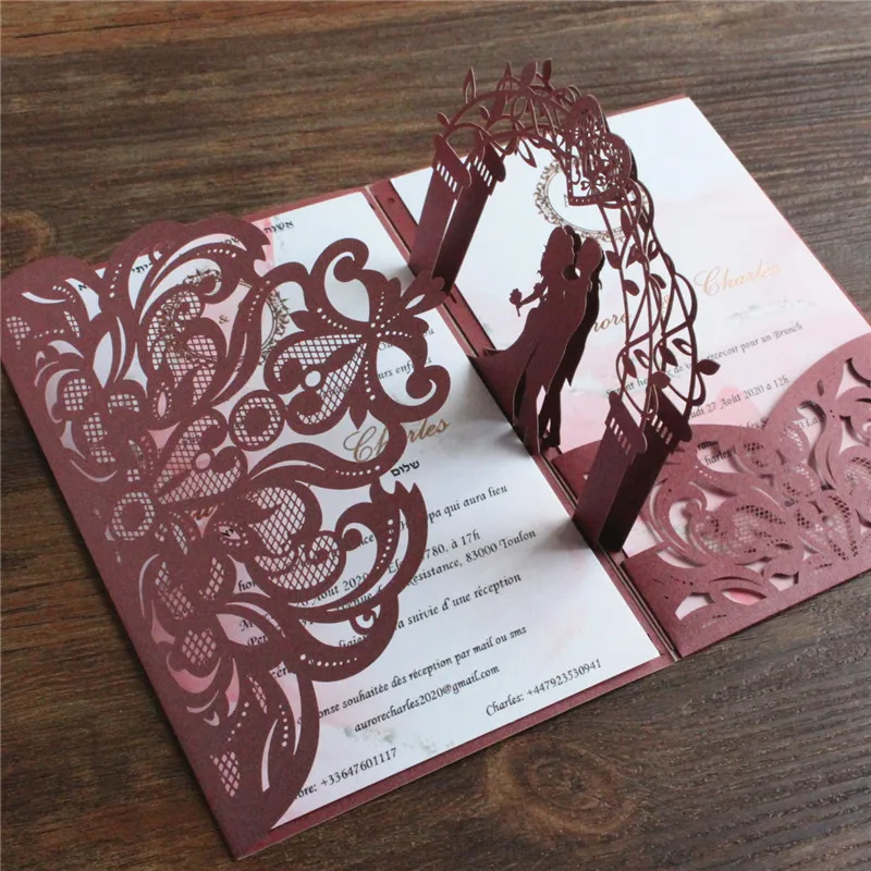 Burgundy Wedding Invitation Set With Envelop Pup -Up Floral Laser Cutting Pocket Fall Winter Wedding Cards Customized Design