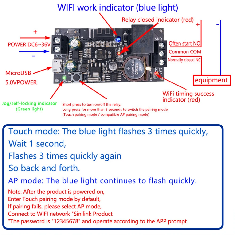 DC6-36V WFBJ WIFI, Module de relais de télécommande de téléphone portable 2.4G WiFi, prise en charge du réseau, carte de contrôleur vocal intelligent