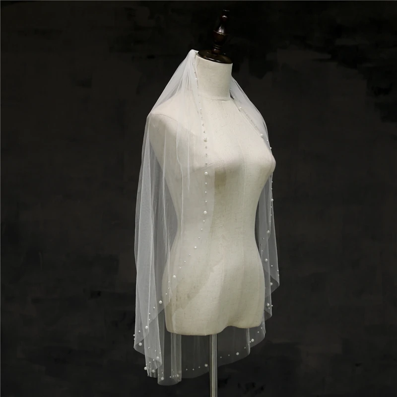 New Arrival One Layers Bride short veil Cheap wedding accessories Pearls Beaded Wedding veils Velos de novia Casamento