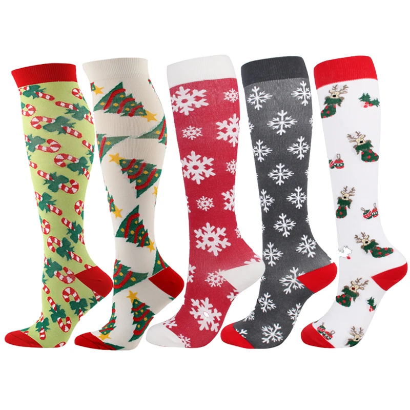 

Wholesale 5 Mix Styles Nylon 15-20 mmhg Christmas Tree Snowflake Pattern Compression Socks