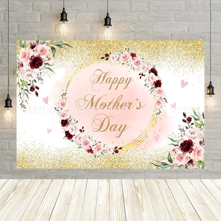 

Mehofond Mother's Day Photography Backdrops Pink Flower Golden Background For Celebration Mom Photo Studio Photozone Banner Prop