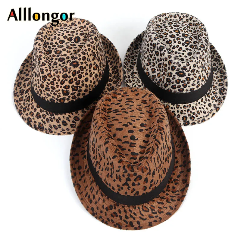 2024 Fashion Fedoras Women Men Leopard Print Jazz Hat White Beige Unisex Vintage Trilby Cap Wide Brim Felt Fedora Hats With Belt