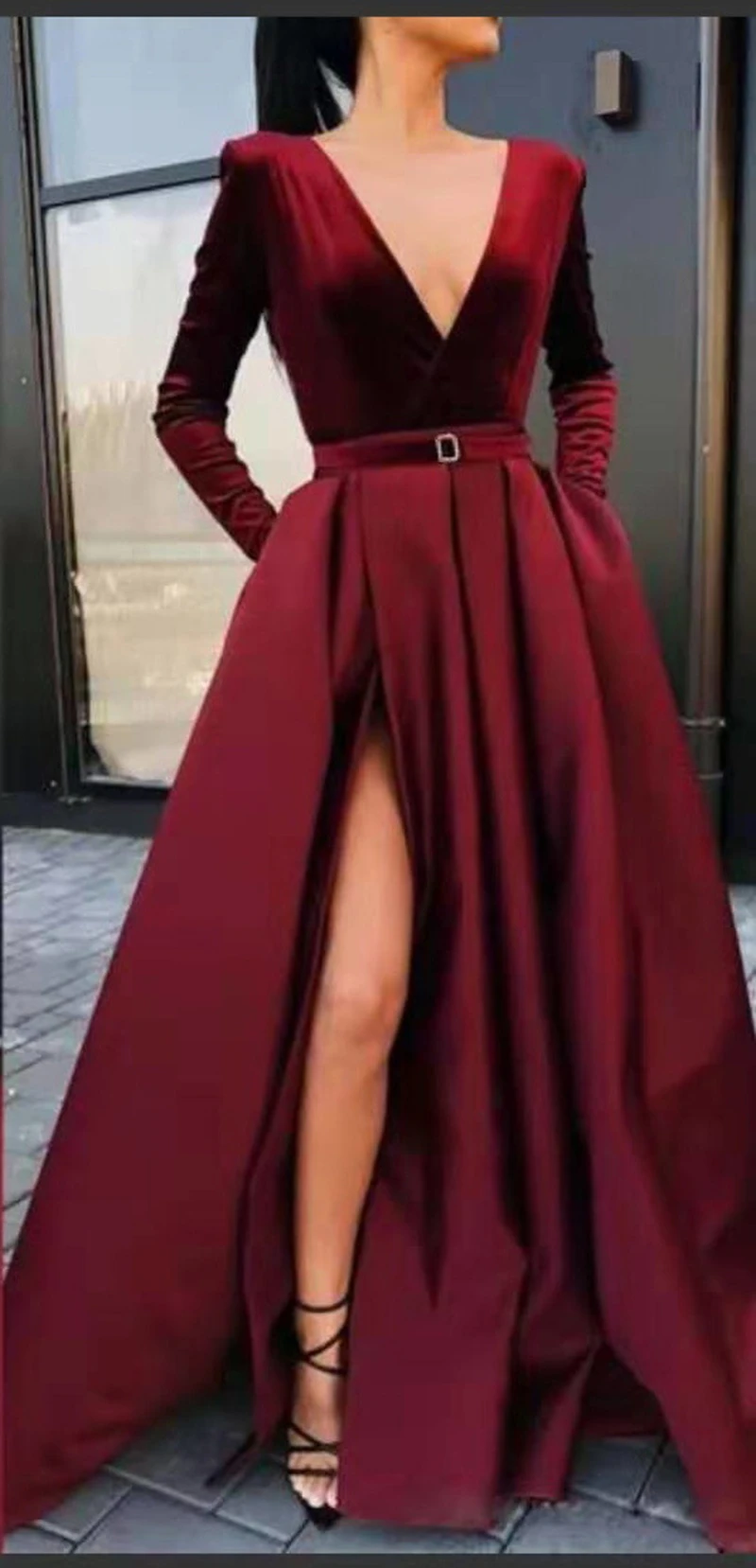 Sexy Satin Long Prom Dresses 2022 New Arrival Long Sleeve Split A-Line V-Neck Special Occasion Evening Party Gown Burgundy