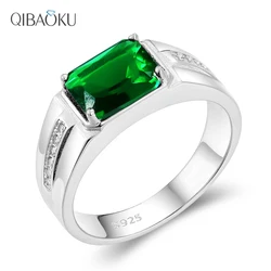 Genuine S925 Silver Men's Ring Main Stone Rectangular 8*10MM Green Zircon Finger Rings Gift Party Fine Jewelry