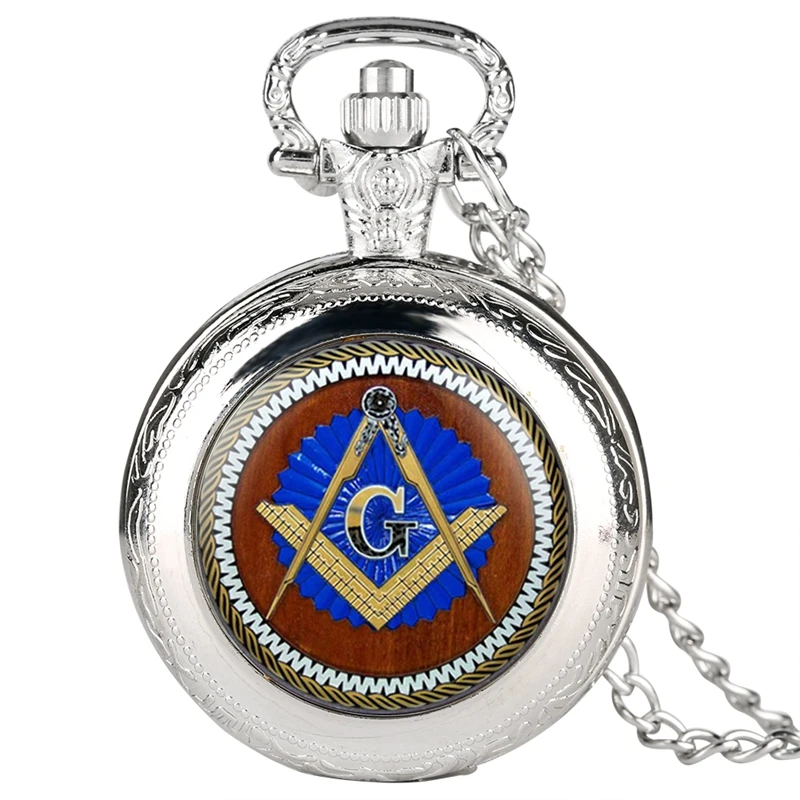 Masonic Freemasonry Square and Compass Mason Badge Quartz Pocket Watch with Necklace Pendant Souvenir Symbol Gifts for Freemason