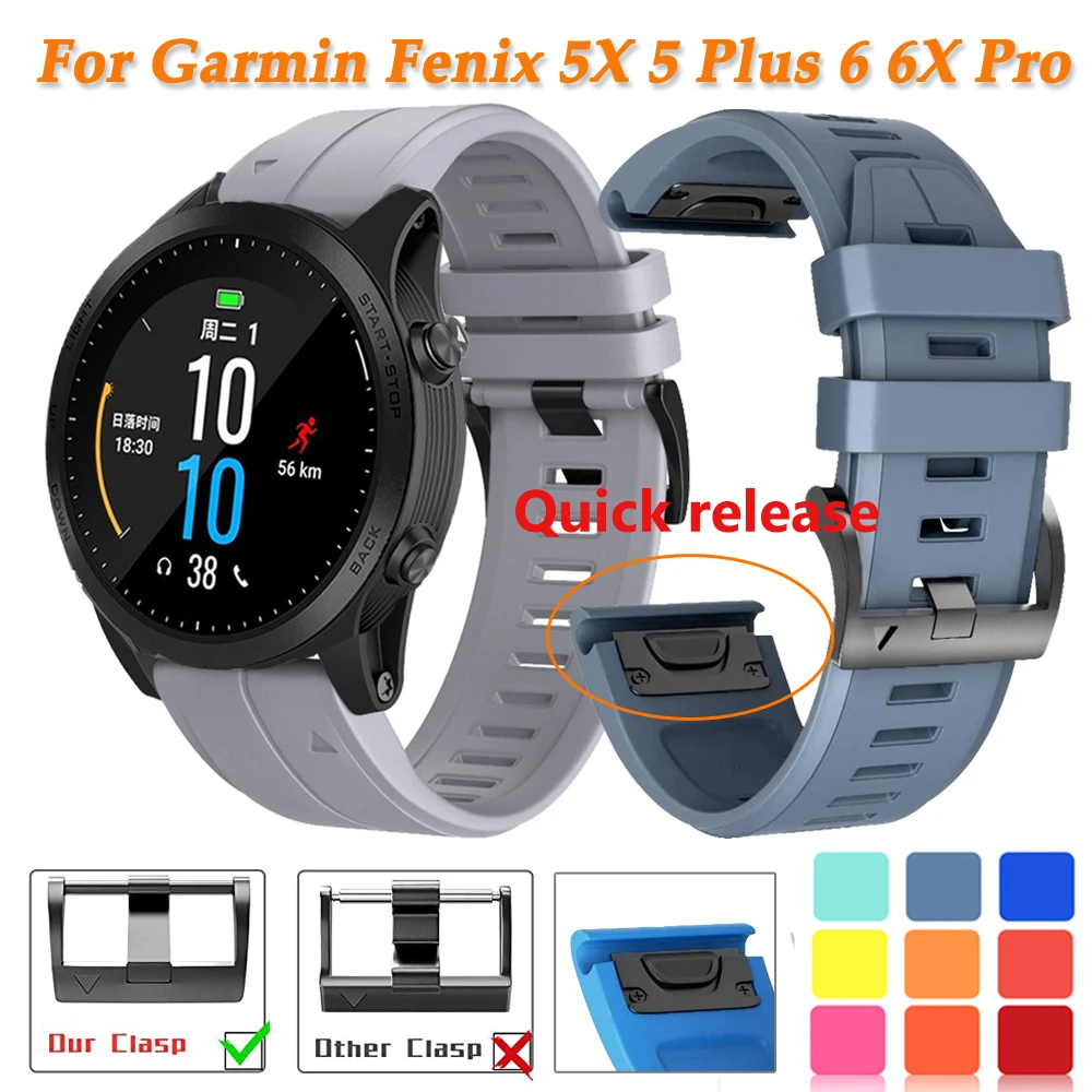 26 22MM Watchband Strap for Garmin Fenix 5 5X 3 HR Fenix 6X 6 Pro 935 945 Quick Release Steel buckle Silicone Easyfit Wrist Band