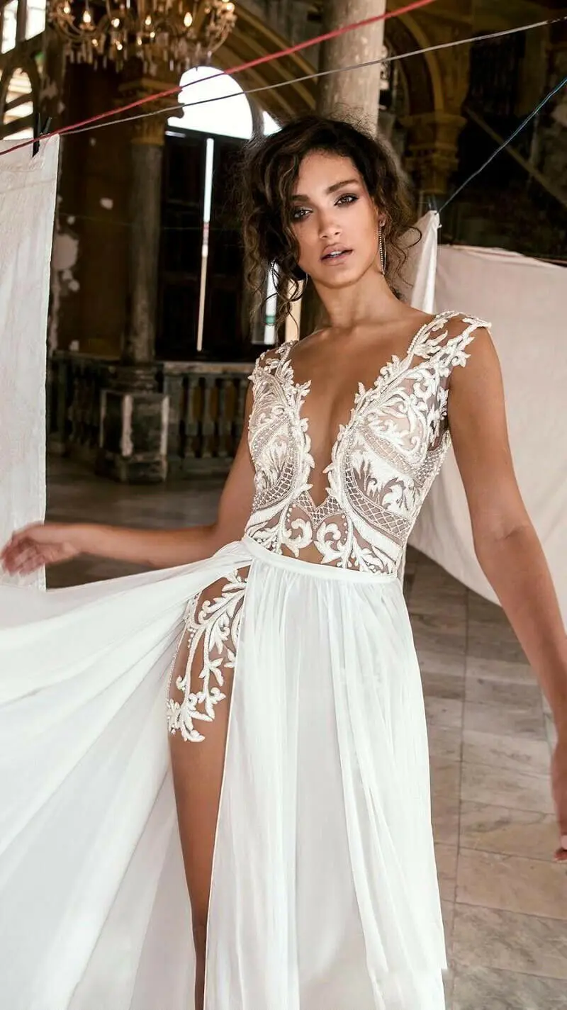 Vestidos De Novia sexis personalizados con cuello en V profundo gasa con abertura lateral Apliques De encaje Vestido De Novia sin espalda hasta el