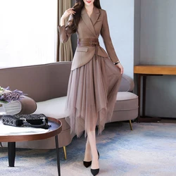 Women's Asymmetry Mesh Tulle Skirt Suits, Belt Jacket, Blazers, Slim Sets, Casual, Office Lady, Spring, Autumn, New