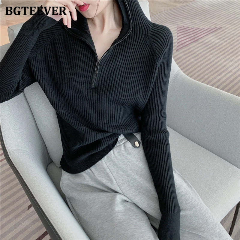 BGTEEVER Chic Hooded Zippers Ladies Knitted Sweaters Full Sleeve Loose Solid Female Pullovers Jumpers 2021 Autumn Winter