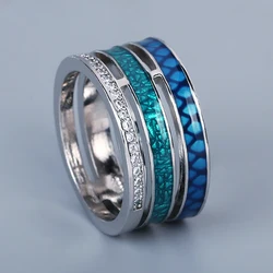 Anillo de plata 925 con circonita azul para mujer, sortija geométrica de tres capas, esmalte hecho a mano, joyería de compromiso