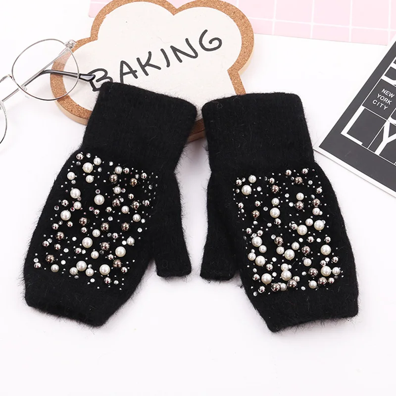 Winter Rabbit Fur Thicken Warm Knit Gloves Fashion Women Elasticity Diamonds Pearl Half Finger Touch Screen Gloves H22