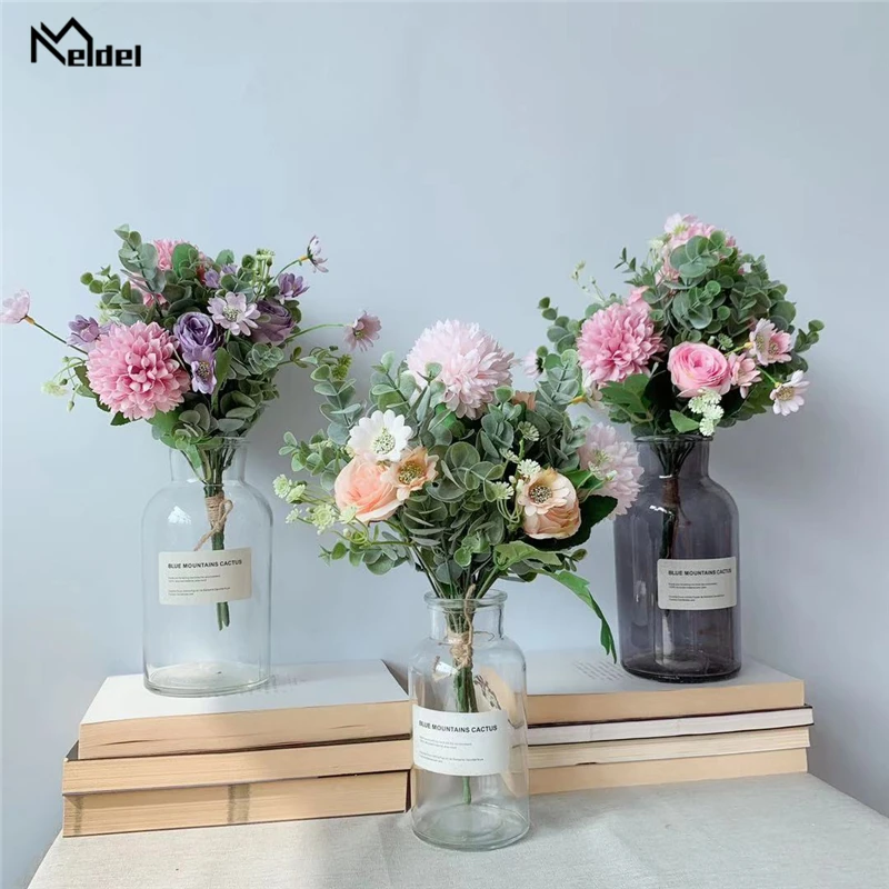 Meldel-ramo de flores para novia, ramo de flores de boda, Rosa Artificial, Margarita falsa, bola de la suerte, ramo de boda mezclado, decoración para fiesta en casa