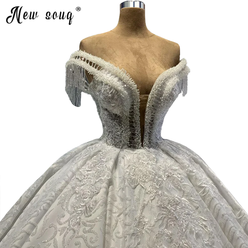 Vestido de novia de manga corta con cuello en V y borlas, vestido de novia con cuentas de cristales y lentejuelas, hombros descubiertos, 2021