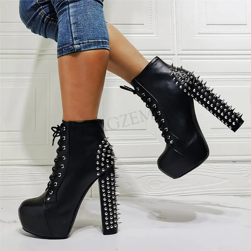 SEIIHEM Women Ankle Platform Boots Studded Chunky High Heels Short Booties Unisex Black Shoes Woman Large Size 36 42 44 50 52