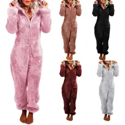 One Piece Pajamas Women Hooded Overall Hooded Onesies for Adult Plush Pajamas Sleepwear pijama mujer комбинезон женский зима