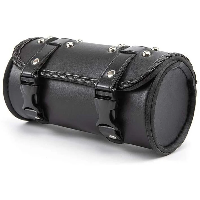 Motorcycle Fork Bag PU Leather Bicycle Handlebar Tool Pouch Sissy Bar Roll Storage Bag Saddle Bag, Universal