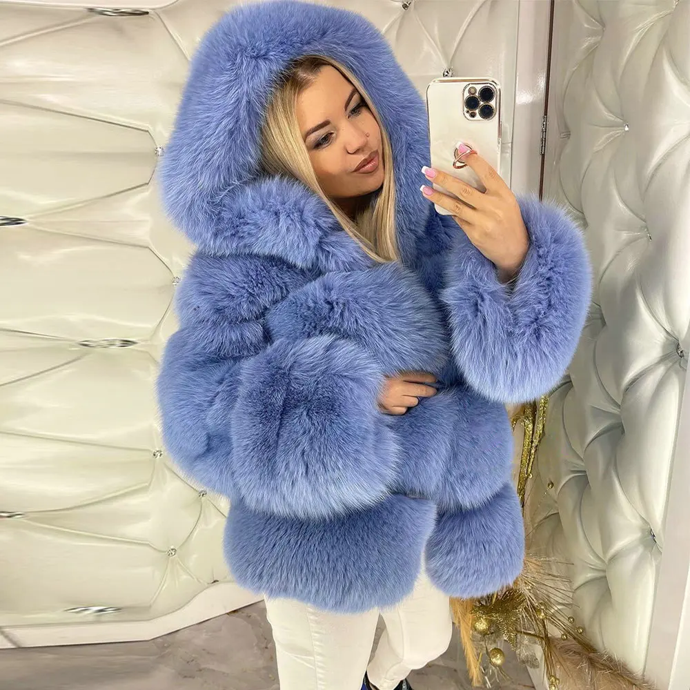 2022 Winter Fashion Natural Fox Fur Coat Medium Length Full Pelt Genuine Fox Fur Jacket with Hood Thick Warm Fur Overcoat Female