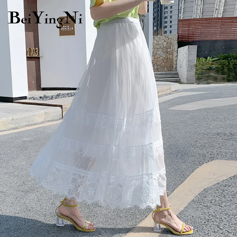 Beiyingni 2023 Summer Lace Patchwork Casual High Waist Midi Tulle Skirt Woman Vintage Charming Long Tutu Skirt Ladies White Pink