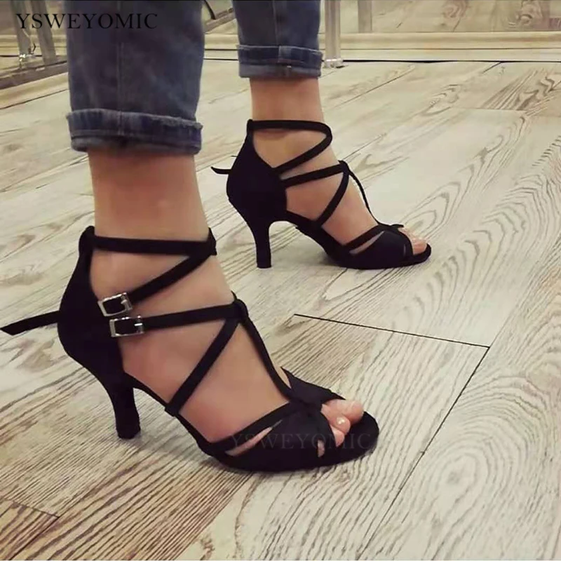 

Salsa Dance Shoes Women 2021 New Style Black Satin 7cm Heel On Picture Suede Sole Indoor Ballroom Dance Shoes Latin Women