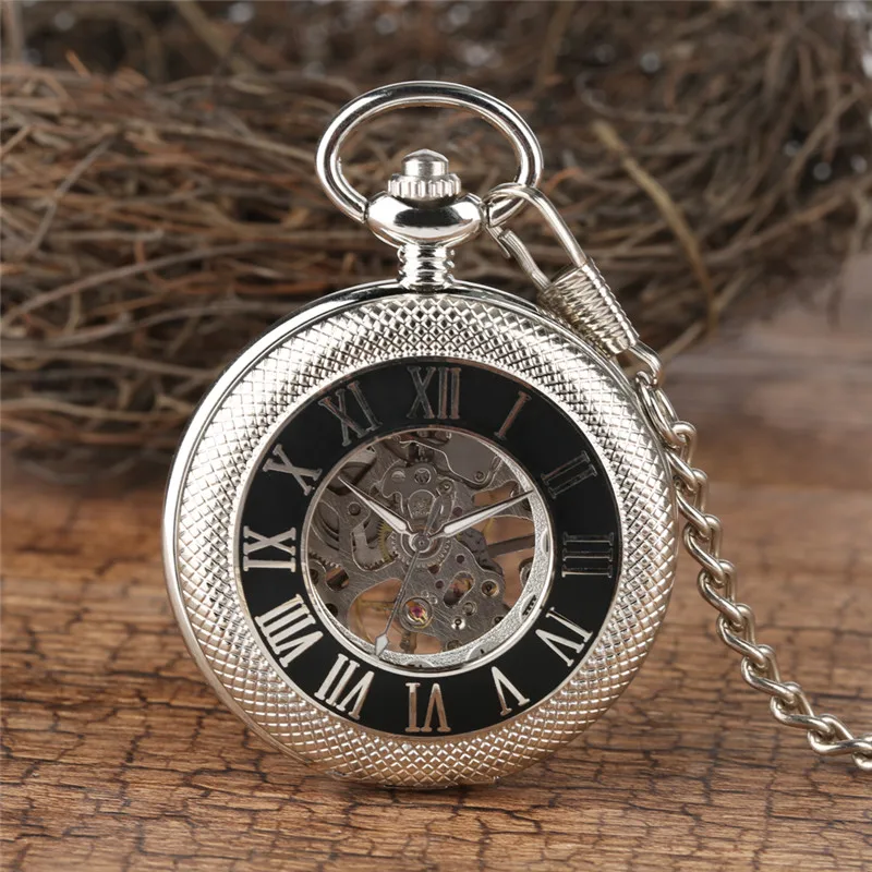 Reloj de bolsillo plateado para hombre, relojes mecánicos de cuerda manual, pantalla de números romanos, reloj de esqueleto de medio cazador, cadena colgante, regalo