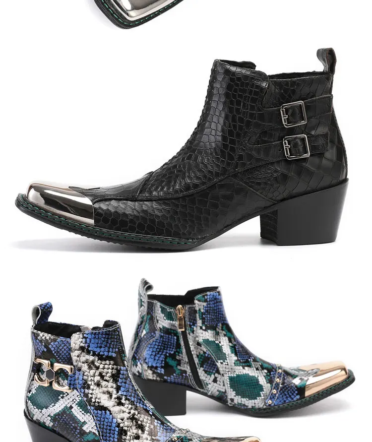Men's Cowhide Serpentine Print Metal Decor Pointed Toe Belt High‑Heel Short Boots Western Cowboy Boots For Stage Show Party